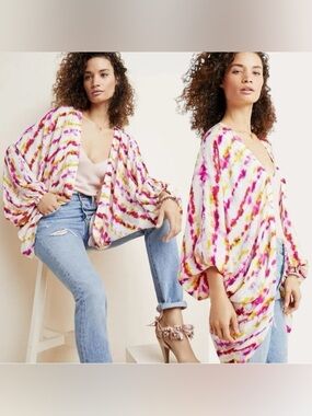 Anthropologie Dip Dye Cocoon Kimono Boho Open Front One Size
